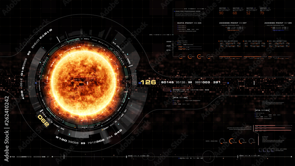 Aufkleber Futuristic motion graphic user interface head up display screen with Holographic Sun Corona Particles and digital data telemetry information display for digital background