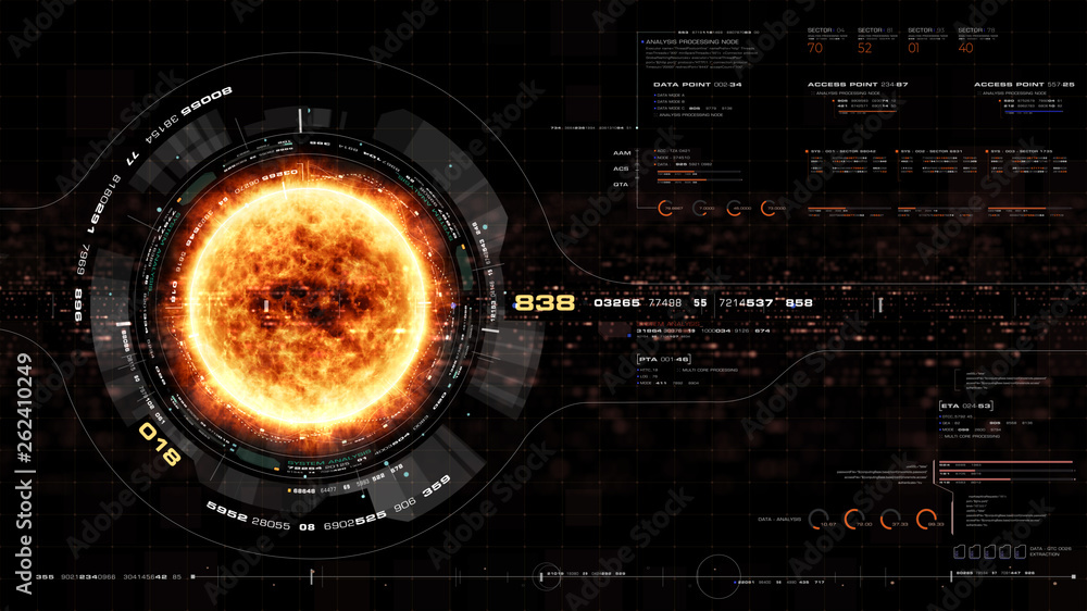 Fototapete Futuristic motion graphic user interface head up display screen with Holographic Sun Corona Particles and digital data telemetry information display for digital background