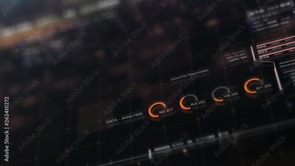 Poster Futuristic motion graphic user interface head up display screen with Holographic Sun Corona Particles and digital data telemetry information display for digital background