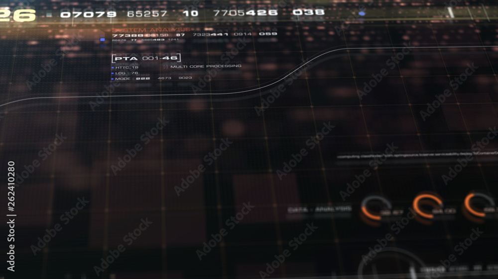 Poster Futuristic motion graphic user interface head up display screen with Holographic Sun Corona Particles and digital data telemetry information display for digital background