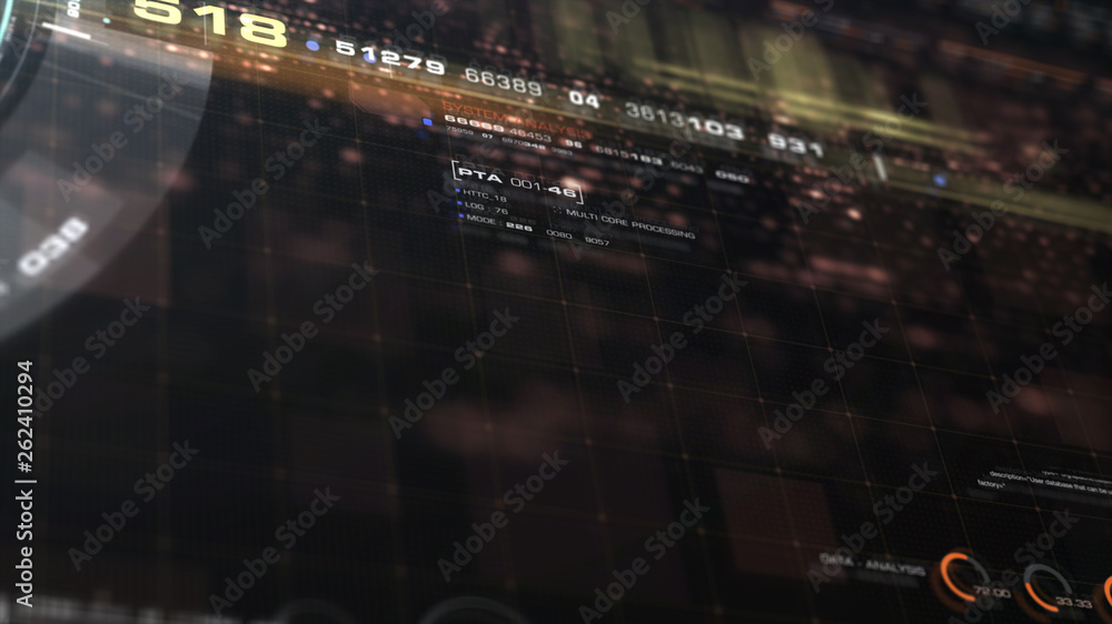 Poster Futuristic motion graphic user interface head up display screen with Holographic Sun Corona Particles and digital data telemetry information display for digital background