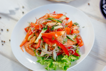 Vegetable salad on the white plate. Achik Chukchuk salad with tomatoes and onion.