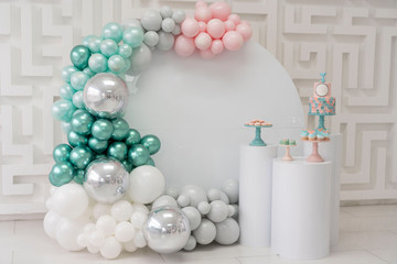 Birthday Part zone with pink silver turquoise baloons and birthday cake