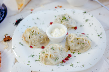 Manti or manty dumplings, popular asian dish.