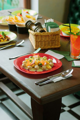 Table in a restaurant served for eating.