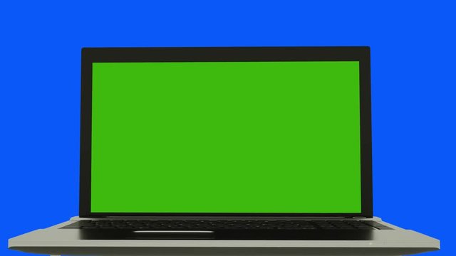 Laptop notebook spinning over blue background. Camera zooms to Laptop (notebook) screen. Green screen (Chroma key). High-quality 4K 3D rendering.