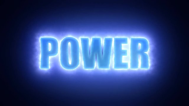 The text Power, surrounded by a powerful cloud of electricity. Blue tones, black background.