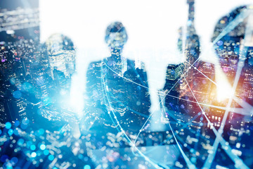 Business people collaborate together in office. Internet connection effects. Double exposure effects.