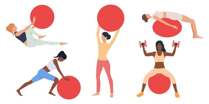 Set Of Women Exercising With Swiss Balls