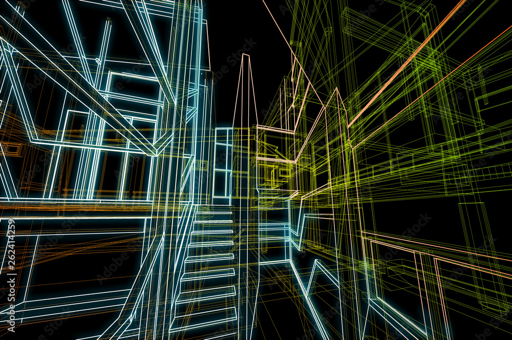 Aufkleber architecture design concept 3d perspective color wire frame rendering black background
