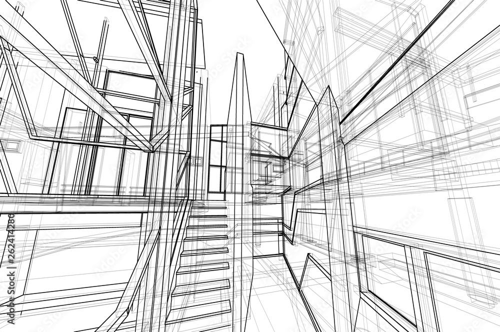 Poster architecture interior space design concept 3d perspective wire frame rendering isolated white backgr