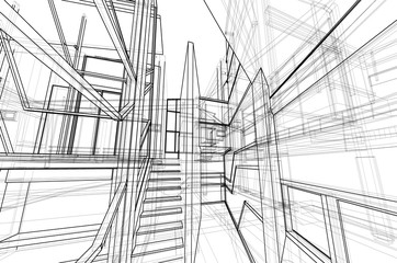 Architecture interior space design concept 3d perspective wire frame rendering isolated white background