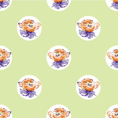 Vector Watercolor Dog-Roses on Dots seamless pattern background.