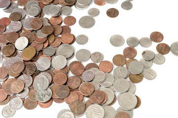 A pile of american cents scattered isolated on white