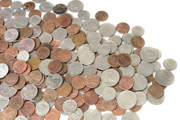 A pile of american cents scattered isolated on white