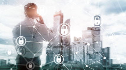 Cyber security, information privacy, data protection concept on modern server room background. Internet and digital technology concept.