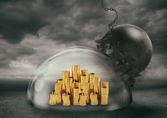 Coins safely inside a shield dome during a storm that protects them from a wrecking ball....