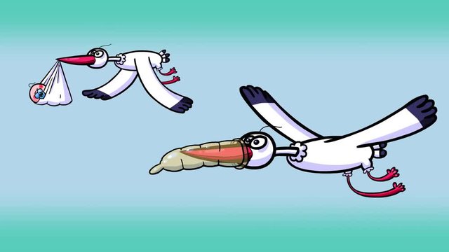 Birth control stork. Two cartoon storks flying. One big bird brings a child with blue teat. The second one does not – he has a condom. Seamless loop.