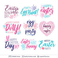Set of Happy Easter holiday text compositions.