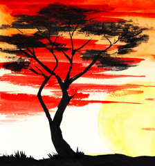 Abstract African landscape. Black silhouette rug tree transparent leaves, earth with sparse grass. Against the background of red sky with stratus clouds. Hand painted illustration on texture paper .