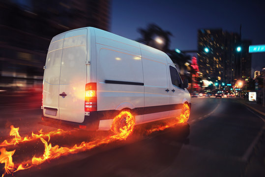 Super fast delivery of package service with van with wheels on fire. 3D Rendering