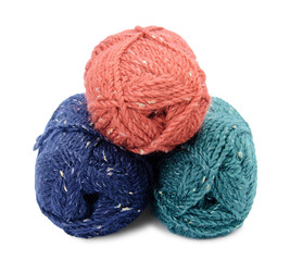 Group of hanks of colored yarns isolated on white background.
