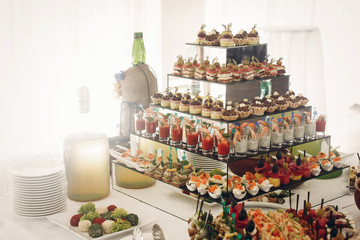 Delicious snacks on wedding reception table in luxury restaurant, shrimps, seafood, olives and cupcakes close-up, catering concept