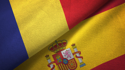 Romania and Spain two flags textile cloth, fabric texture