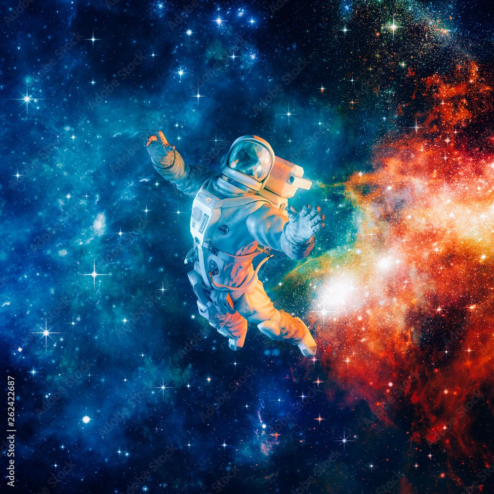Wall mural among the stars / 3d illustration of science fiction scene with astronaut floating in outer space am