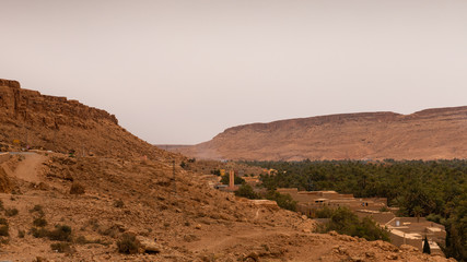 Oasis with palm trees and plantation next to a small town in Ziz Gorges, Morocco, surrounded by mountains