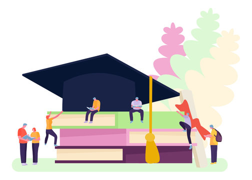 Students read a book on the top of books. education concept. Vector illustration in a flat cartoon style
