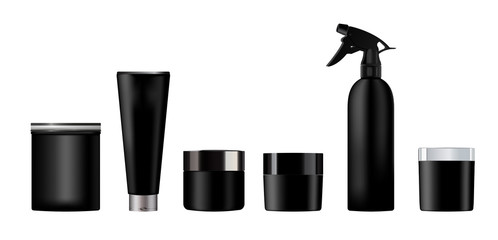 Set vector blank templates of empty and clean black plastic containers:  bottles with spray, dispenser and dropper, cream jar, tube. Realistic 3d mock-up of cosmetic package.