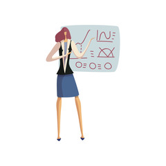 Business woman holds a presentation at the blackboard. Vector illustration.