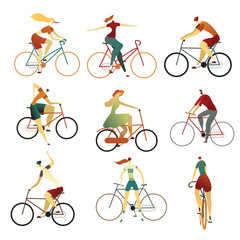 Naklejka premium Collection of people riding bicycles of various types. Set of cartoon men and women on bikes. Colorful vector illustration.