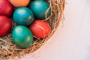 easter colorful eggs in a basket spring concept on a white background with room for text