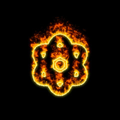 Fototapeta premium The symbol atom burns in red fire