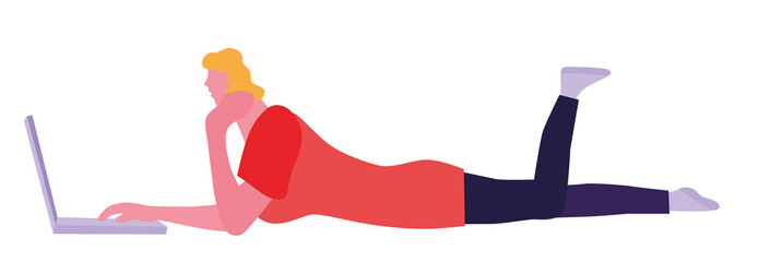 Happy young woman using her laptop, isolated on white. Vector illustration in a flat cartoon style