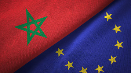 Morocco and European Union two flags textile cloth, fabric texture