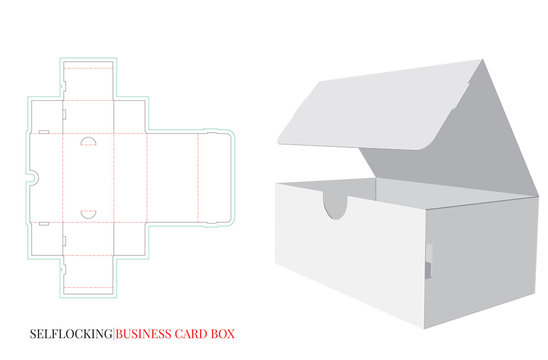 Business Card Box Template, Self Lock Vector with die cut / laser cut layers. White, clear, blank, isolated Box mock up, white background, perspective view. Cut and Fold, Paper Box. Packaging Design