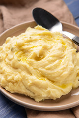 Tasty mashed potato on plate, closeup