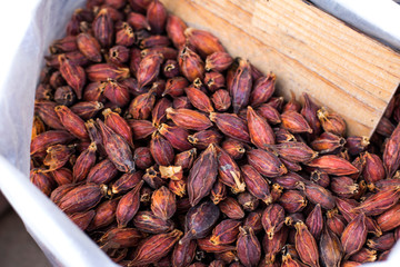 Dried gardenia fruit on sale in market.