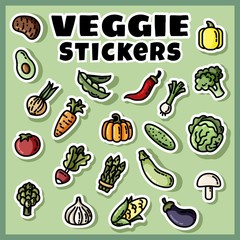 Vegetables stickers colorful set. Collection of veggie flat labels