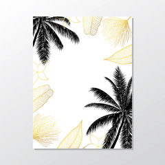 Black palm trees on white background. Exotic leaves.Summer placard poster flyer invitation card.