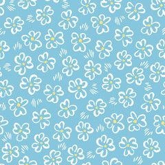 Cute white abstract hand-drawn daisis on blue background vector seamless pattern. Whimsical easter floral print.