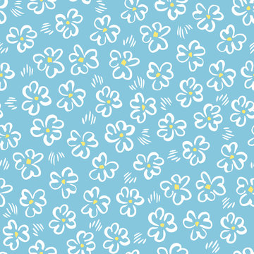 Cute white abstract hand-drawn daisis on blue background vector seamless pattern. Whimsical easter floral print.