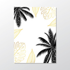 Fototapeta na wymiar Black palm trees on white background. Exotic leaves.Summer placard poster flyer invitation card.