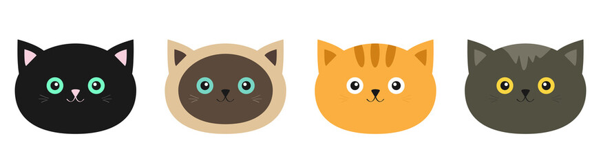 Cat head set line. Siamese, red, black, orange, gray color cats in flat design style. Cute cartoon character. Different eyes. White background. Isolated.