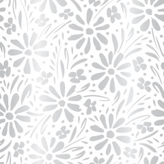 Monochrome silver gradient hand-painted daisies and foliage on white background vector seamless patters. Floral print