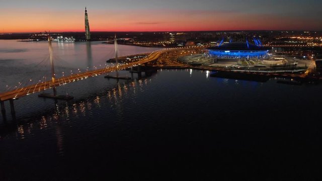 Saint-Petersburg, Russia. Aerial views to Gazprom Arena stadium as known as Zenit Arena and Krestovsky stadium prepared to FIFA World Cup 2018. Super slow motion.