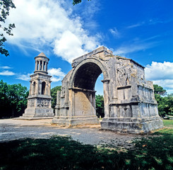 Fototapeta na wymiar The ruins of the Triumphal Arch and mausoleum part of the old Roman city of Glanum nesr St, Remy Provence France